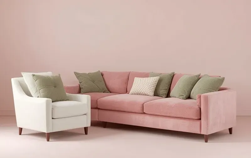A pink corner couch and a white armchair