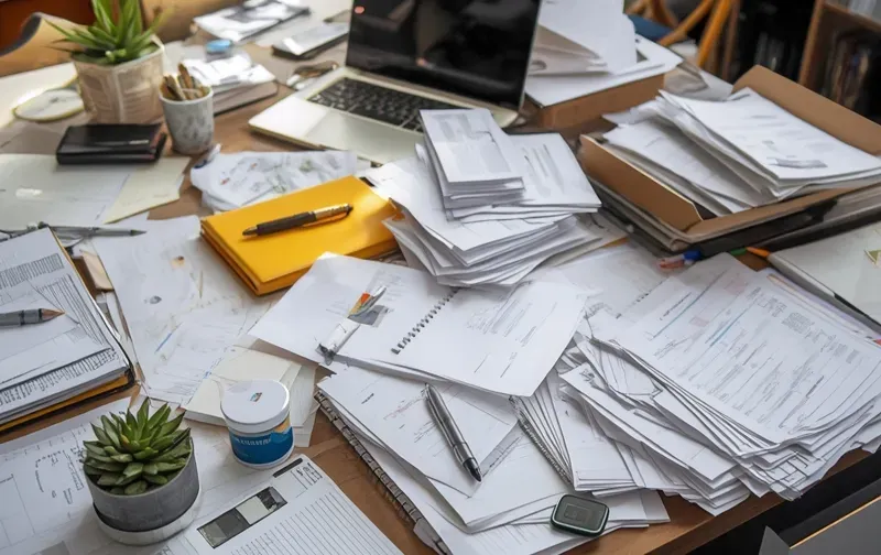 overflowing desk, papers, laptop, busy office