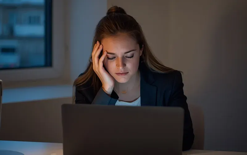 tired professional woman, laptop, evening light, window
