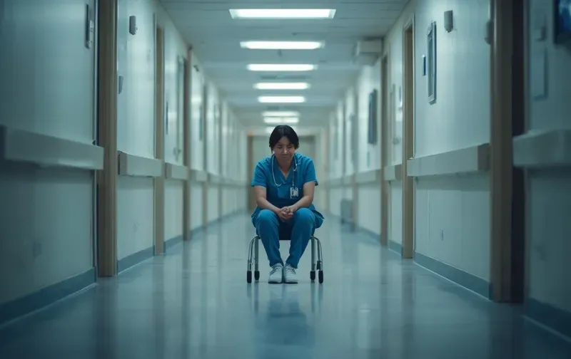 nurse sitting alone, hospital corridor, tired, soft light