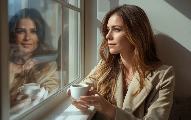 woman pausing by window, coffee, morning light
