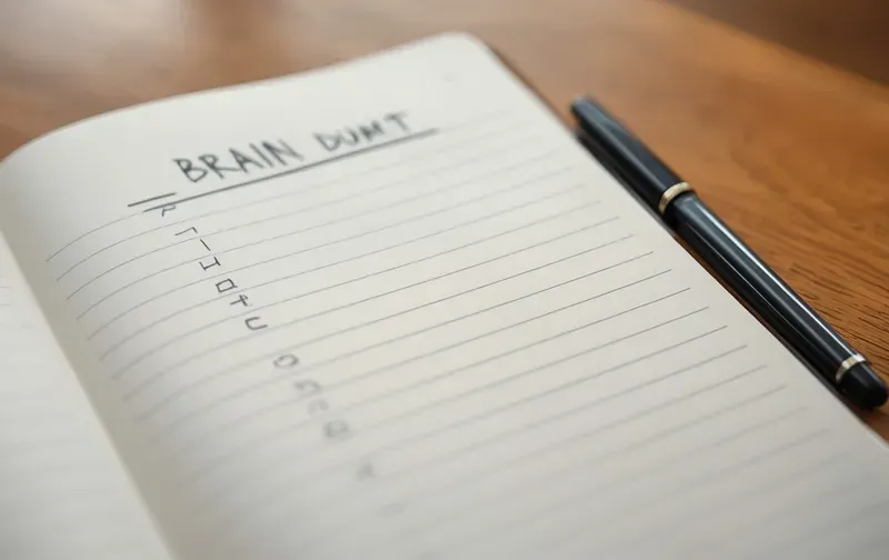 notebook, pen, brain dump list, desk