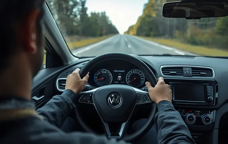 person at steering wheel, road ahead, hands on wheel