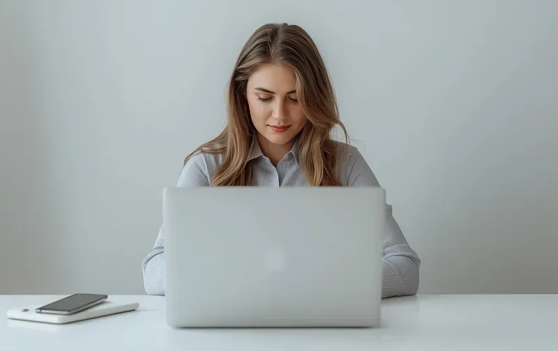 woman calmly closing laptop, end of day