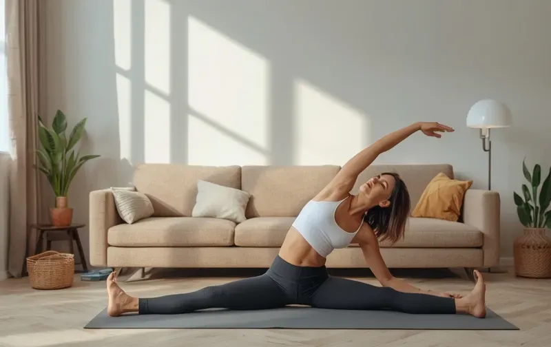 woman stretching yoga, morning, living room