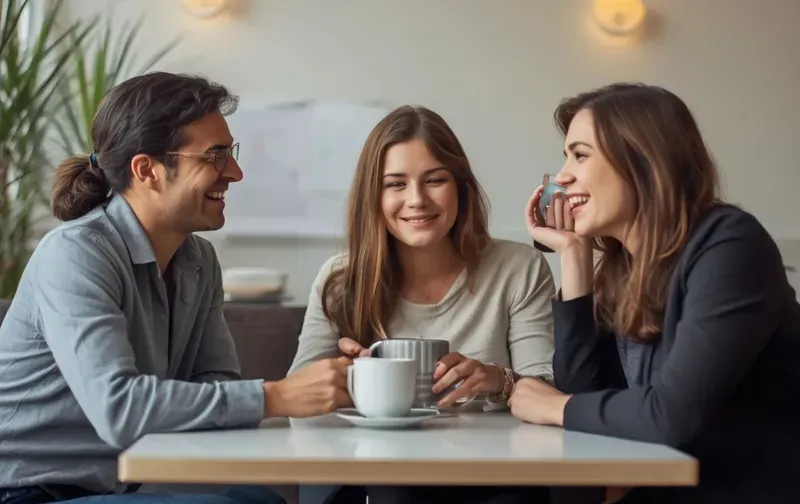 friends laughing, coffee, cafe table