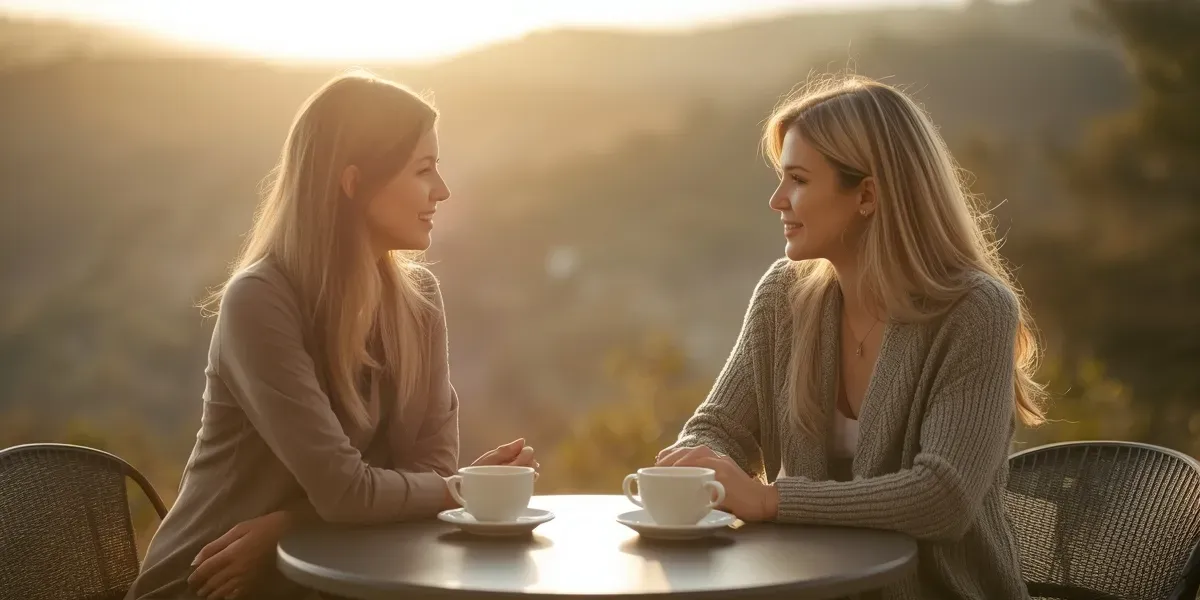 two women talking over coffee, warm light, supportive