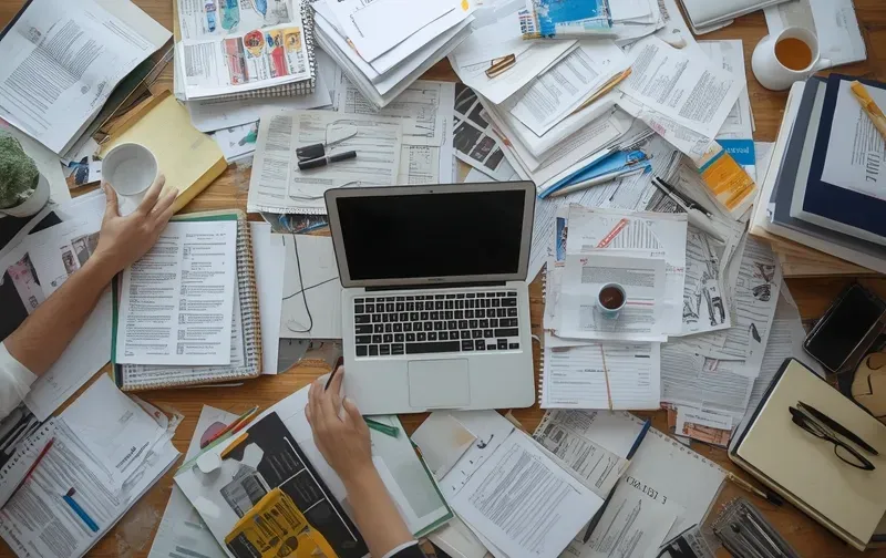 overflowing desk, papers, laptop, busy office