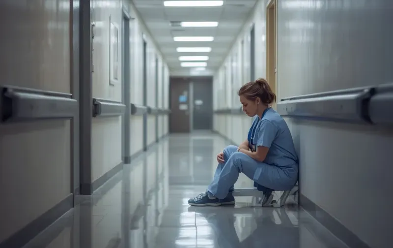 nurse sitting alone, hospital corridor, tired, soft light