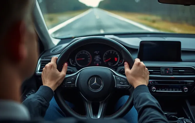 person at steering wheel, road ahead, hands on wheel