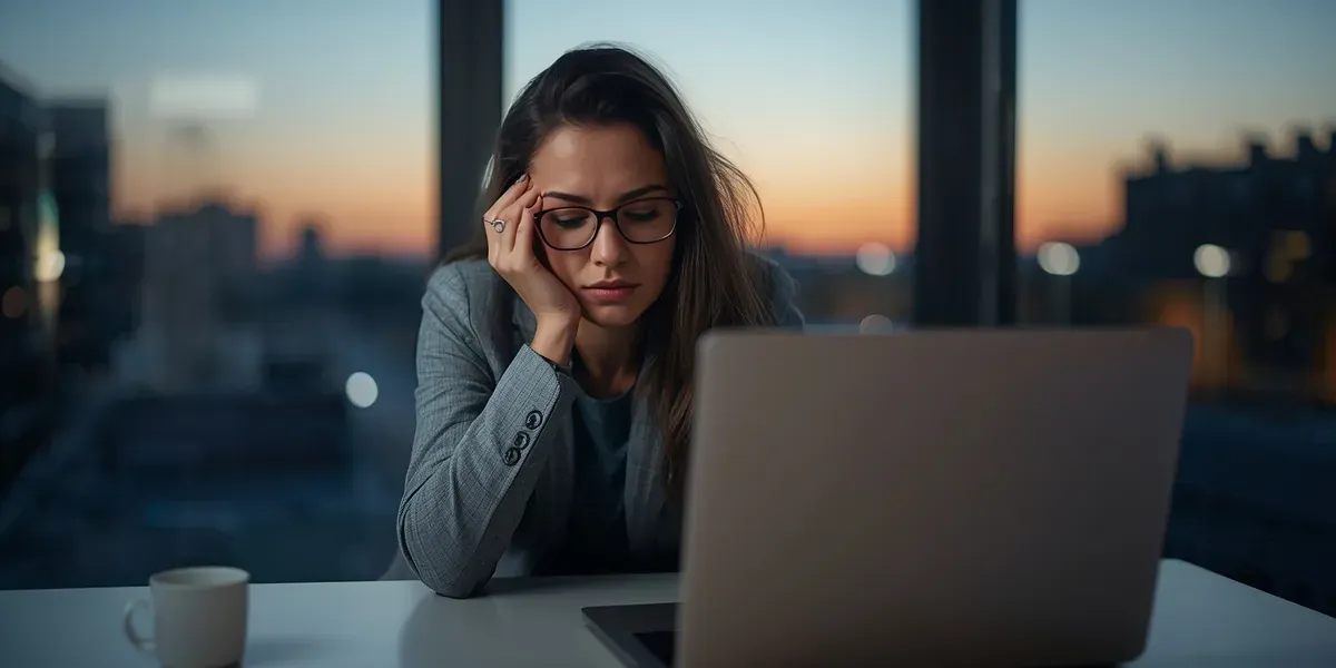 tired professional woman, laptop, evening light, window