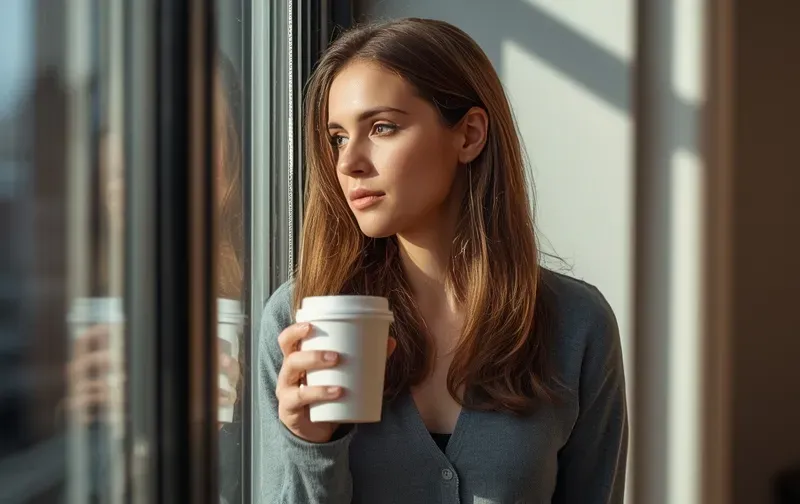 woman pausing by window, coffee, morning light
