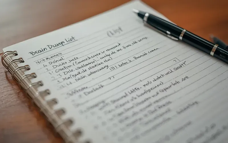 notebook, pen, brain dump list, desk