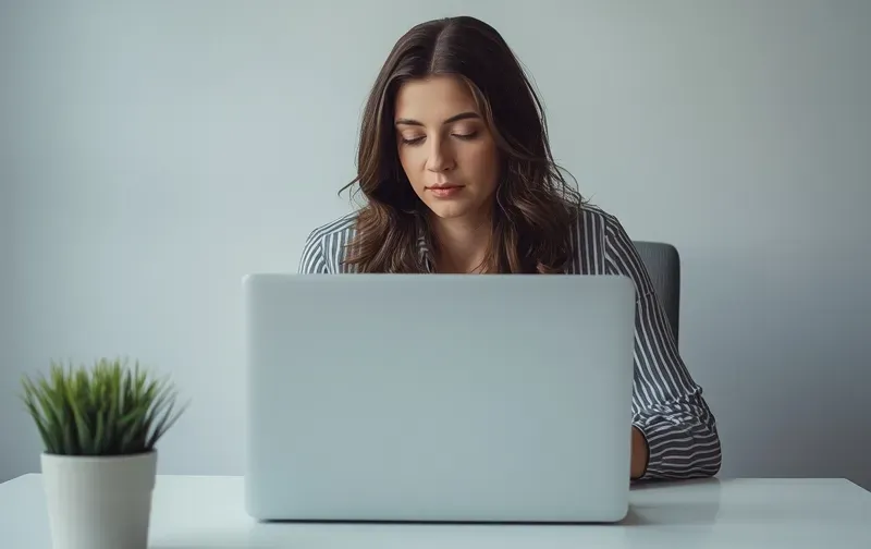 woman calmly closing laptop, end of day