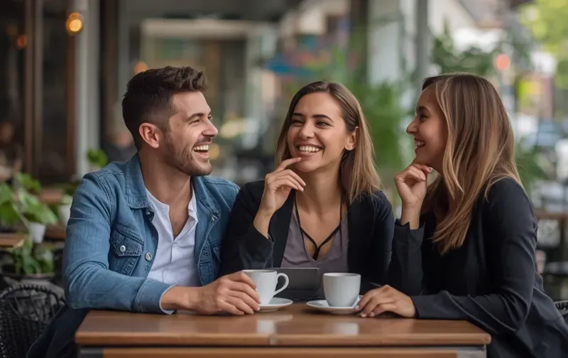 friends laughing, coffee, cafe table