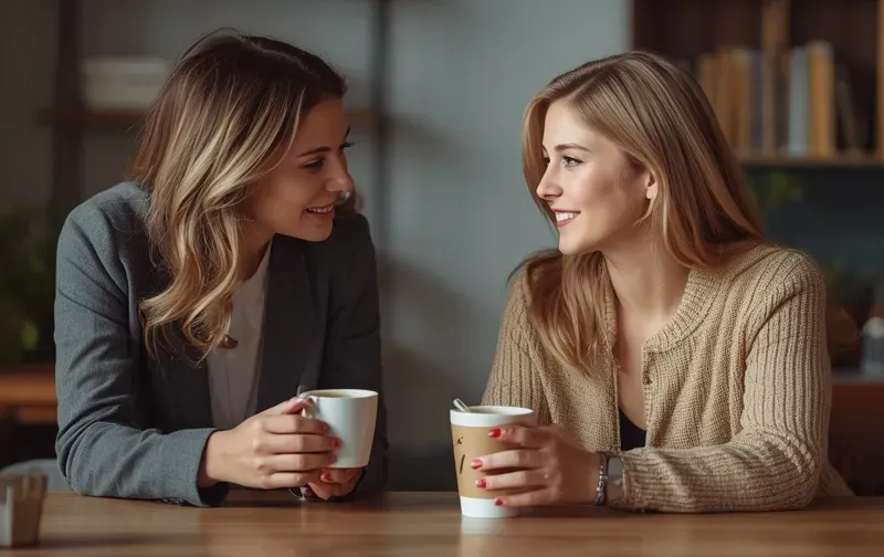 two women talking over coffee, warm light, supportive