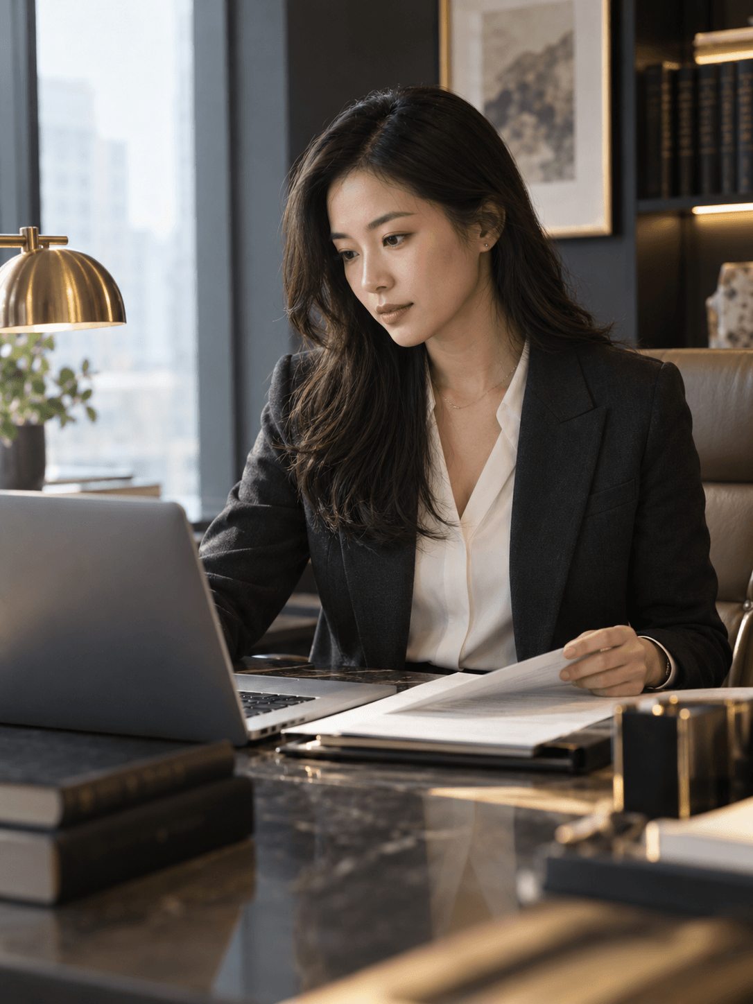 A legal associate working at her desk in a modern office
