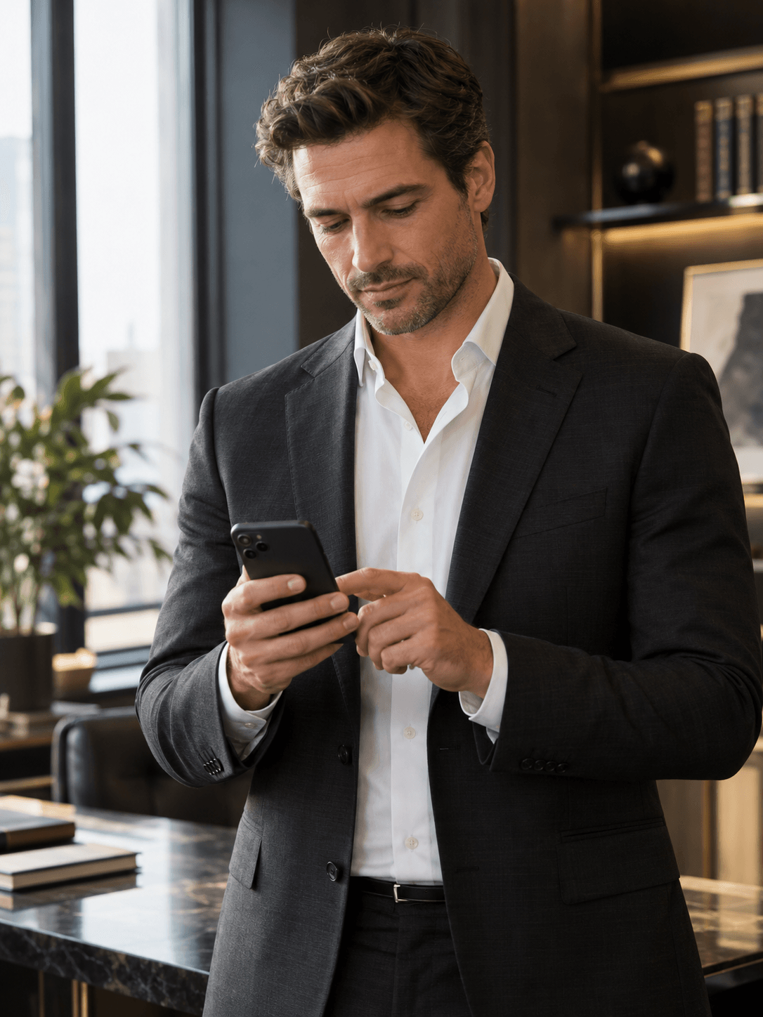 A lawyer reading on his smartphone, with the screen facing away from view