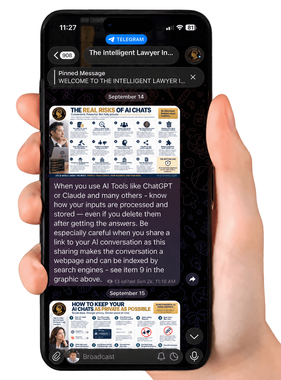 A hand holding a smartphone displaying The Intelligent Lawyer Insider Channel on Telegram