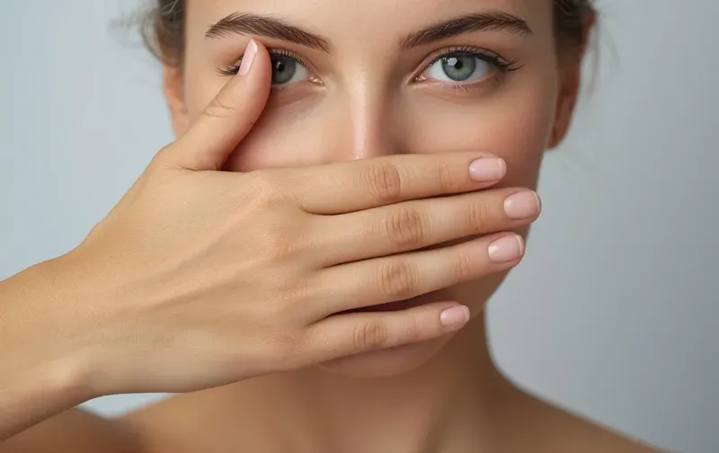 woman covering mouth with hand avoiding photo close up