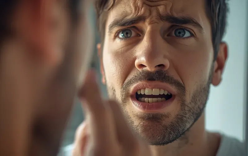 worried young man looking at mirror teeth close up