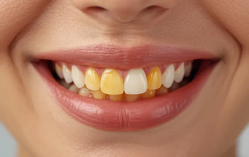 yellow stained teeth close up smile