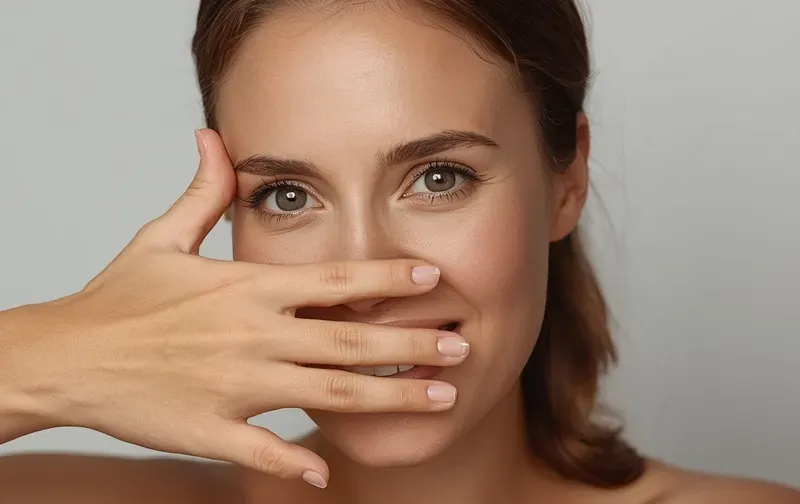 woman hiding smile with hand teeth concern