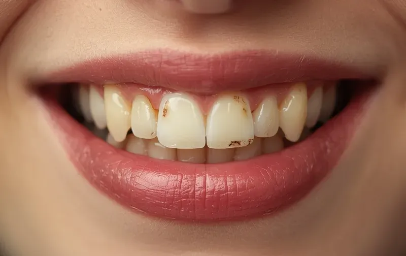 discolored worn teeth close up