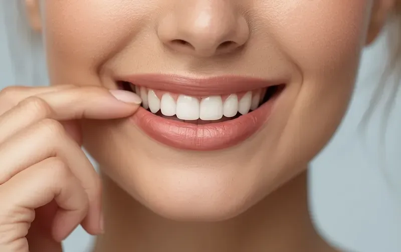 woman pulling upper lip down while smiling close up