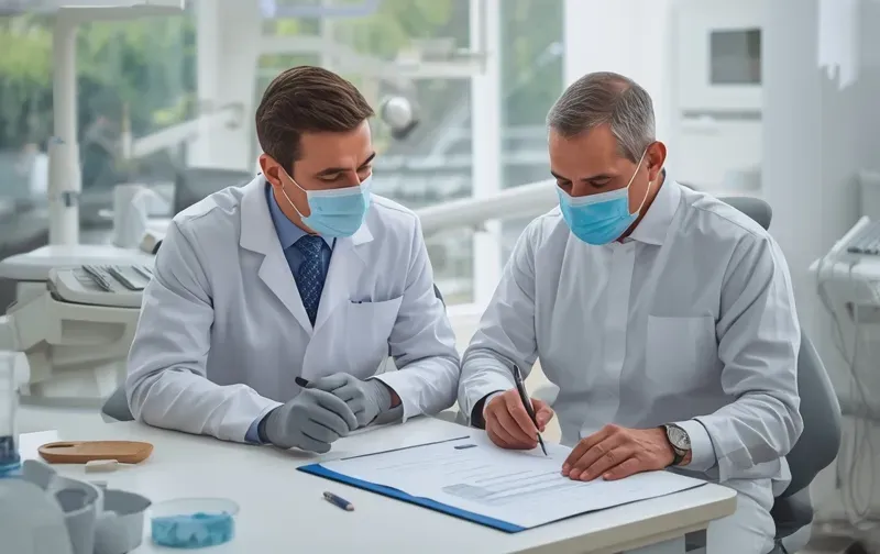dentist and patient discussing treatment plan desk