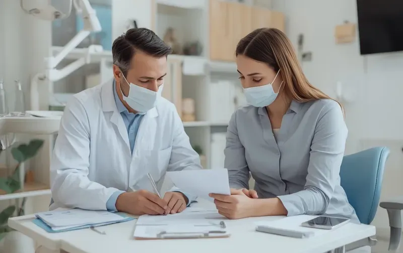 dentist and patient discussing treatment plan desk
