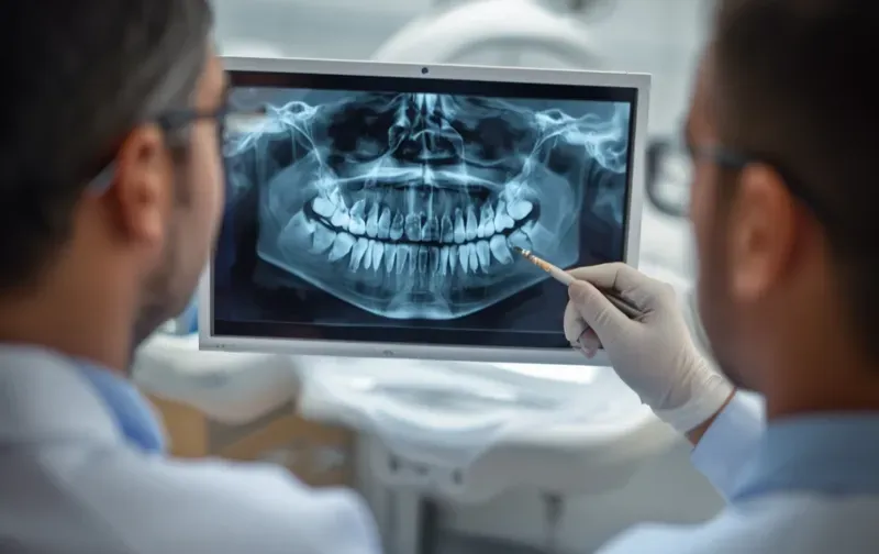 dentist reviewing dental xray with patient