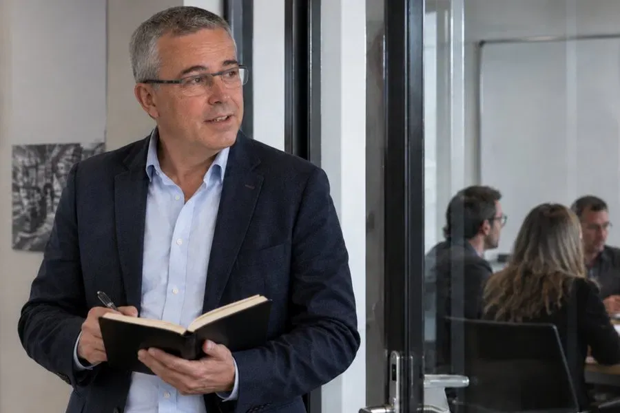 Un homme prend des notes à l'entrée d'une salle vitrée où une équipe travaille autour d'une table