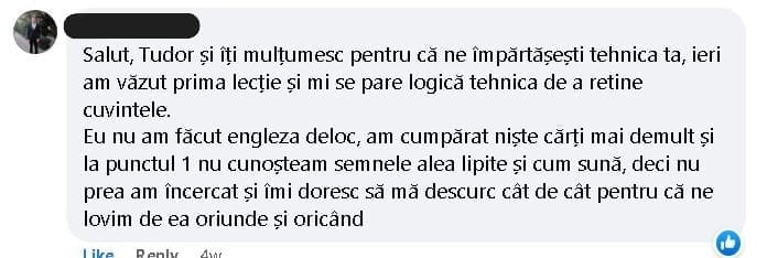 testimonial curs engleză rapid – captură Facebook