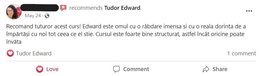 opinia unui cursant – screenshot Facebook