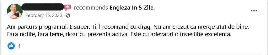 mesaj apreciativ curs video engleză – Facebook
