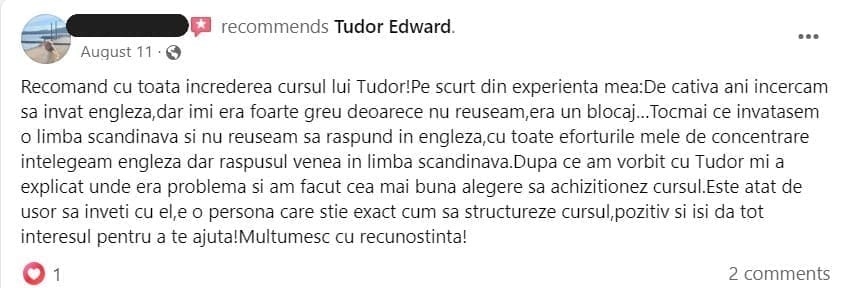 curs engleză rapid – captură de ecran testimonial social media