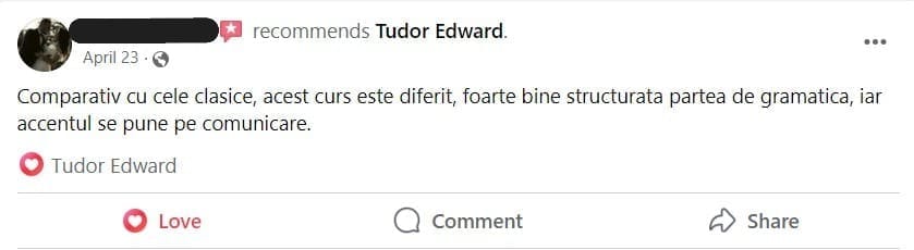 feedback curs engleză B1 – screenshot comentariu social