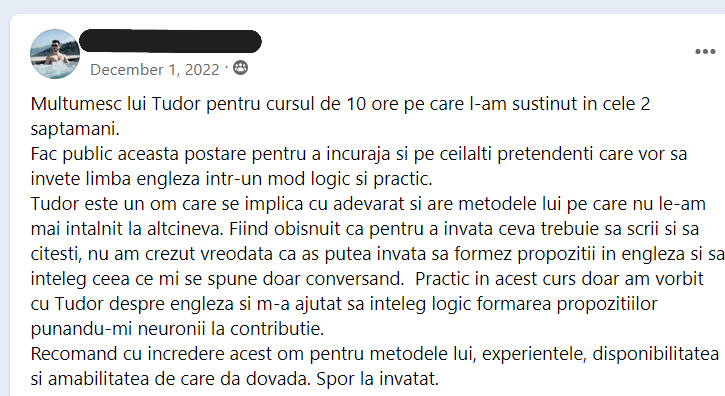 mesaj curs engleză fără gramatică – captură testimonial