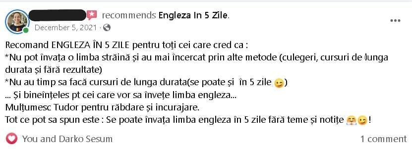 feedback vizual curs engleză – screenshot testimonial