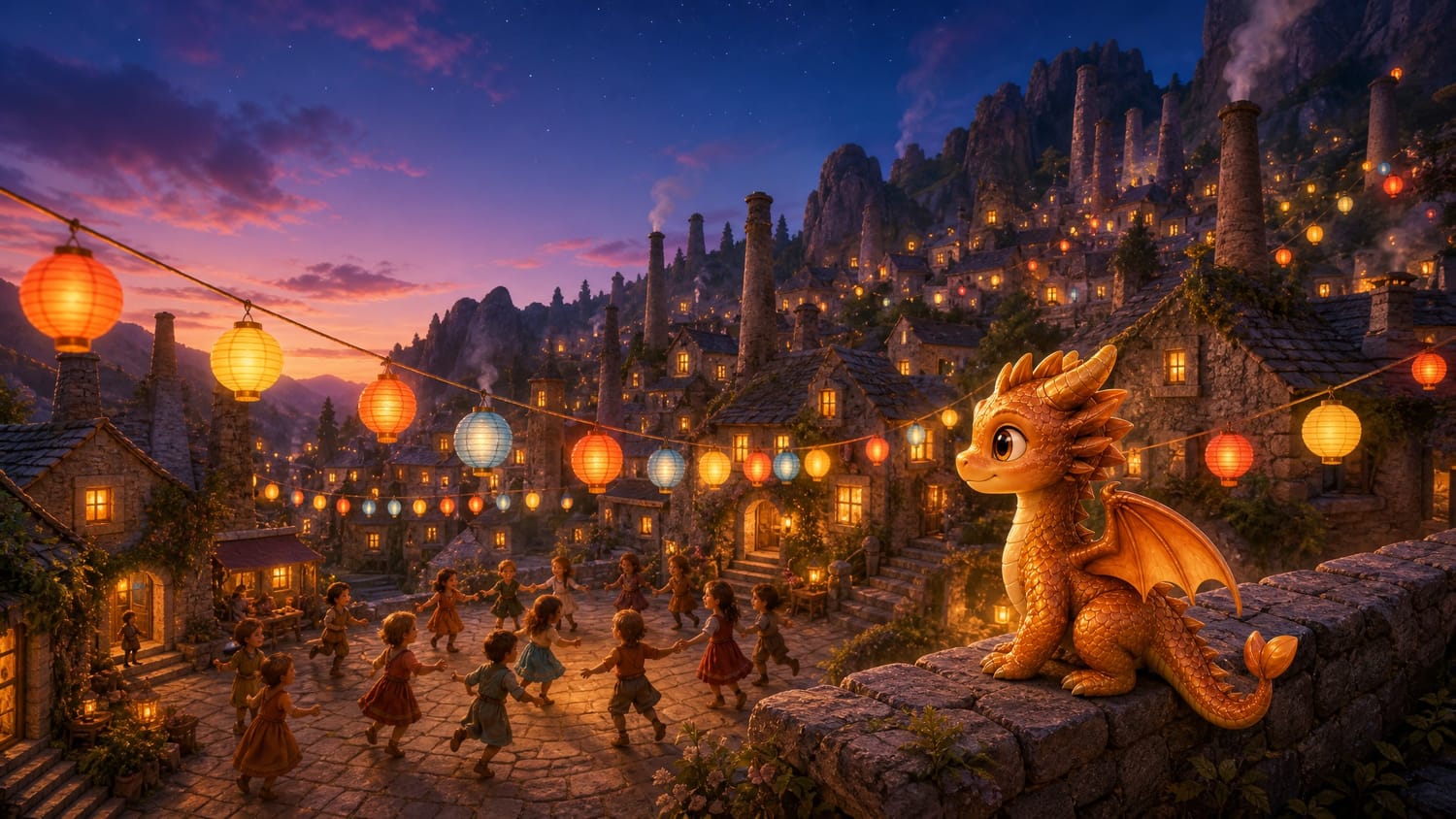Lumo, un petit dragon cuivré, regarde le village illuminé de lanternes