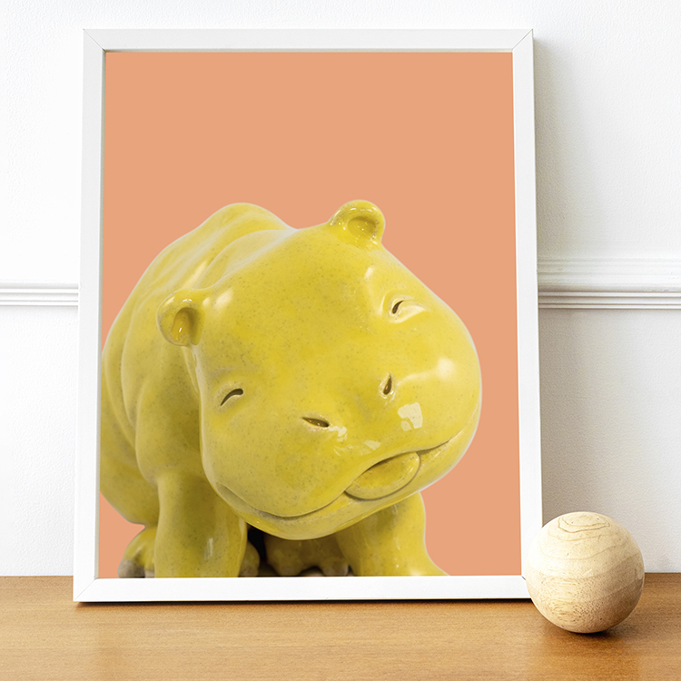 Happy Hippo Print in White Frame
