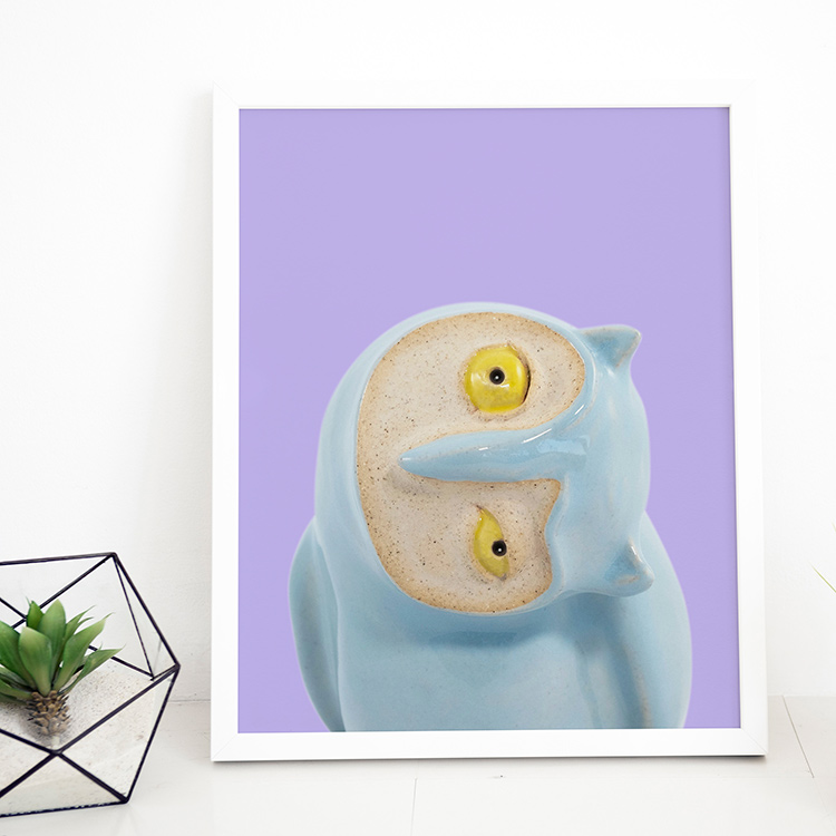 Confused Owl Print in White Frame