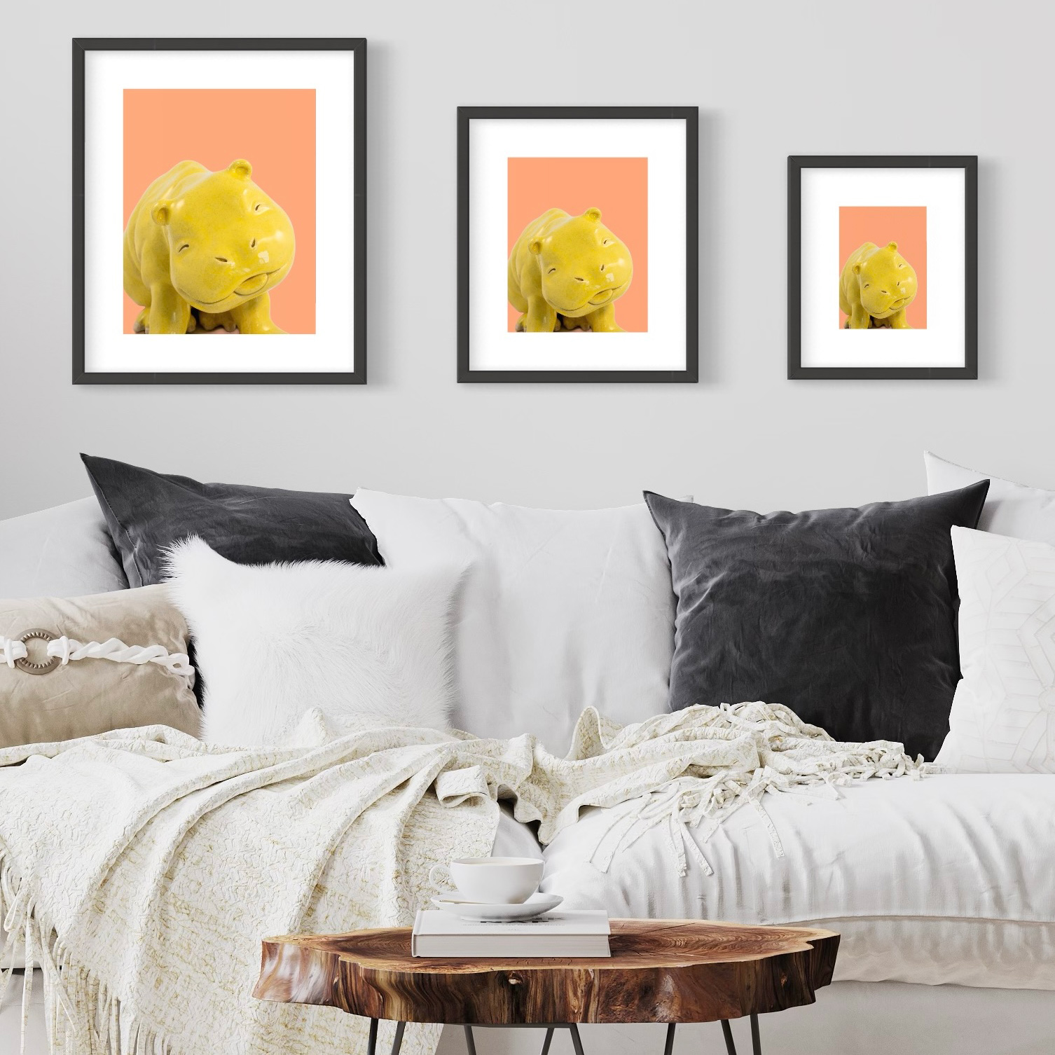 Comparison of frame sizes for Happy Hippo print