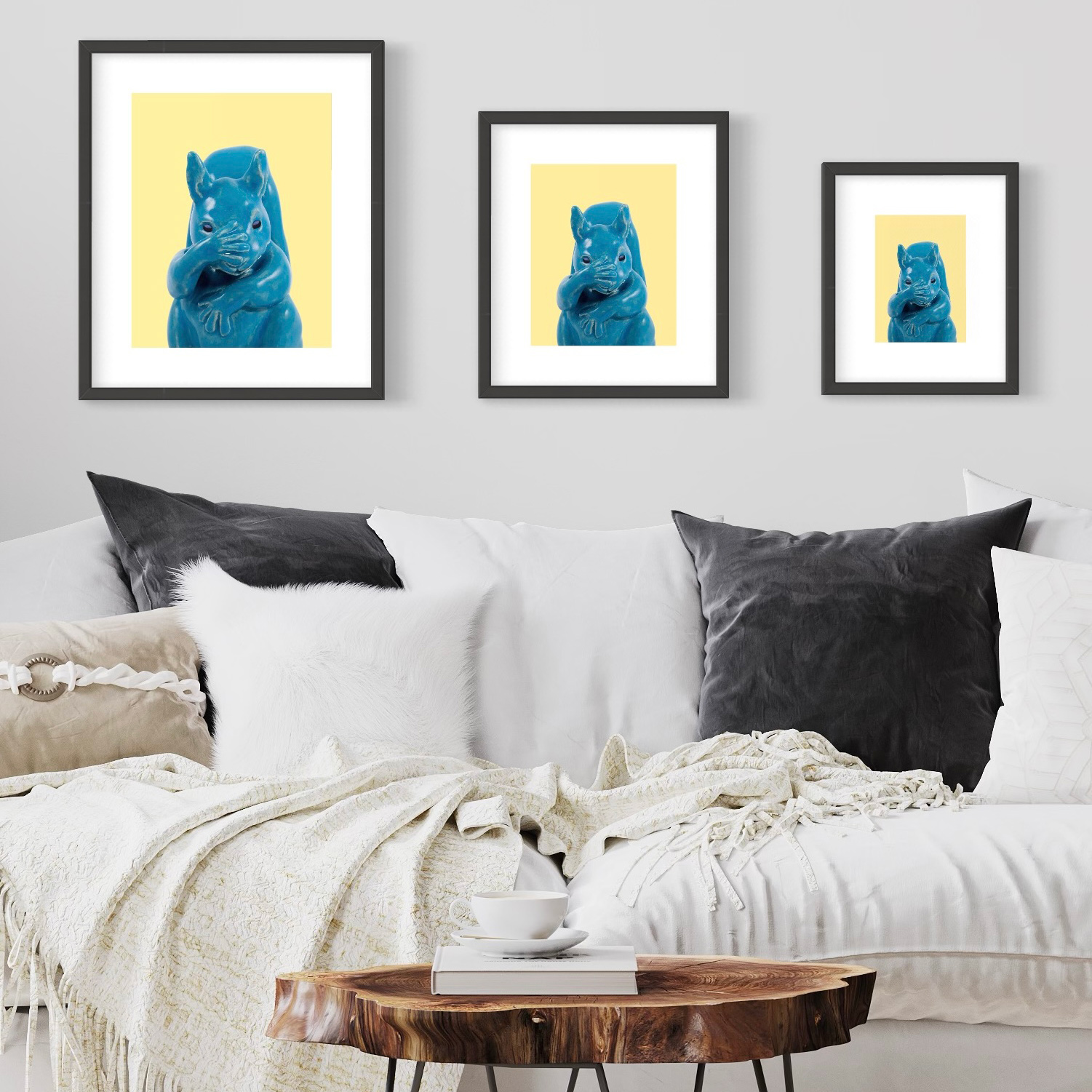 Comparison of frame sizes for Bashful Squirrel print