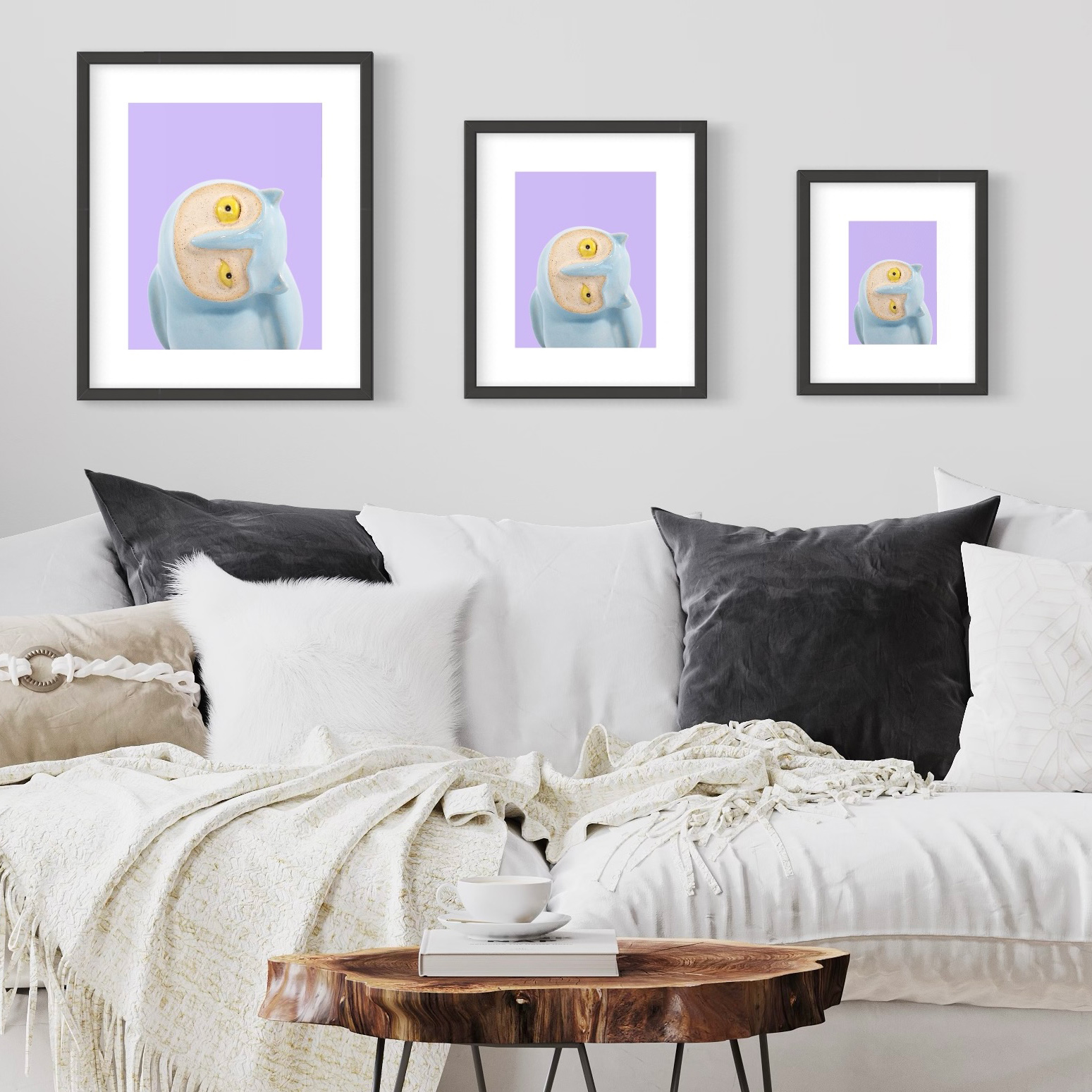 Comparison of frame sizes for Confused Owl print