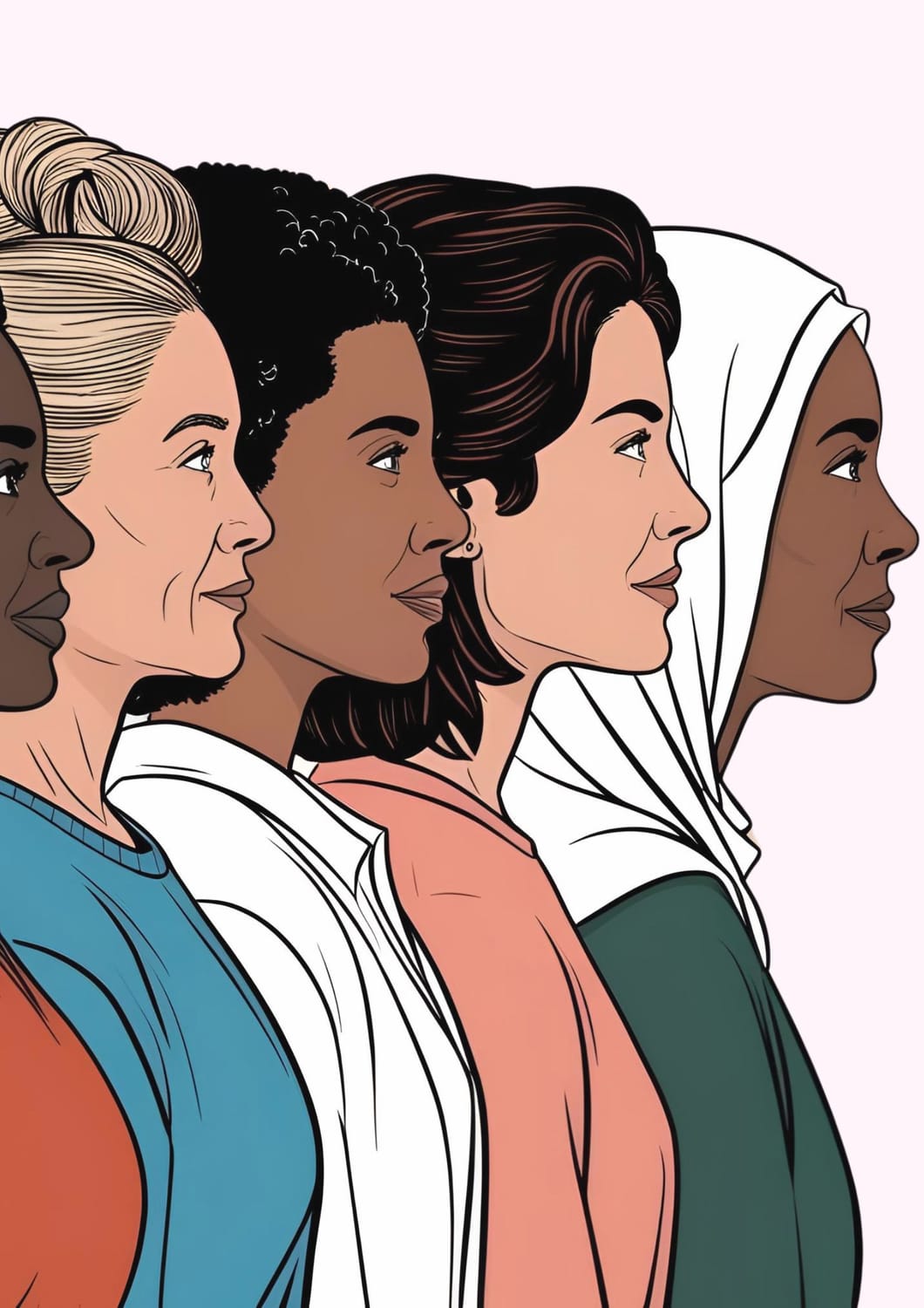 Illustration de neuf femmes alignées en profil, représentant différentes origines et âges, avec des visages distincts et des couleurs variées