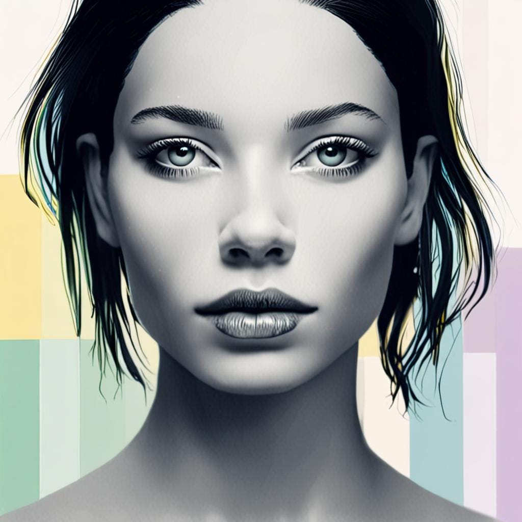 wide horizontal premium AI search campaign, black and white human portrait, soft yellow green blue lavender gradient, abstract digital interface elements, clean white editorial technology aesthetic