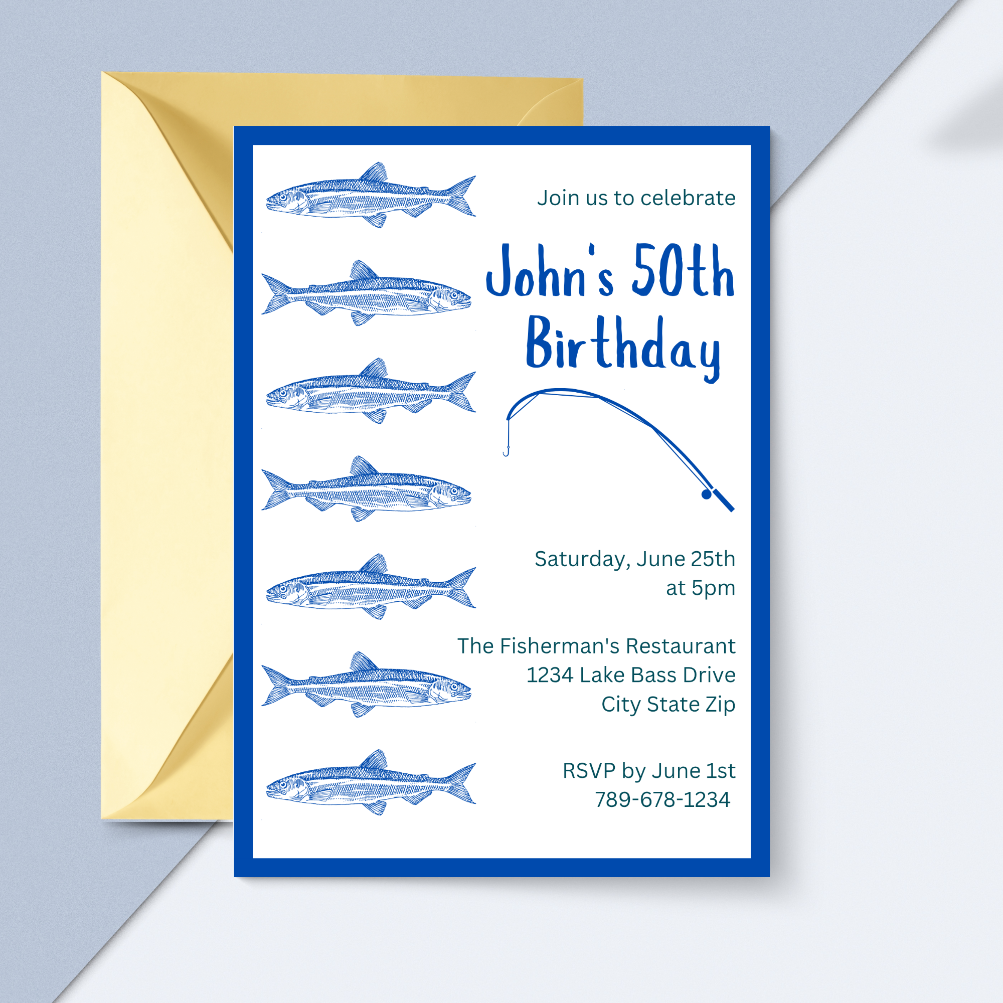 Fisherman 50th Birthday Invitation with Sardines, Fishermancore Birthday Party
