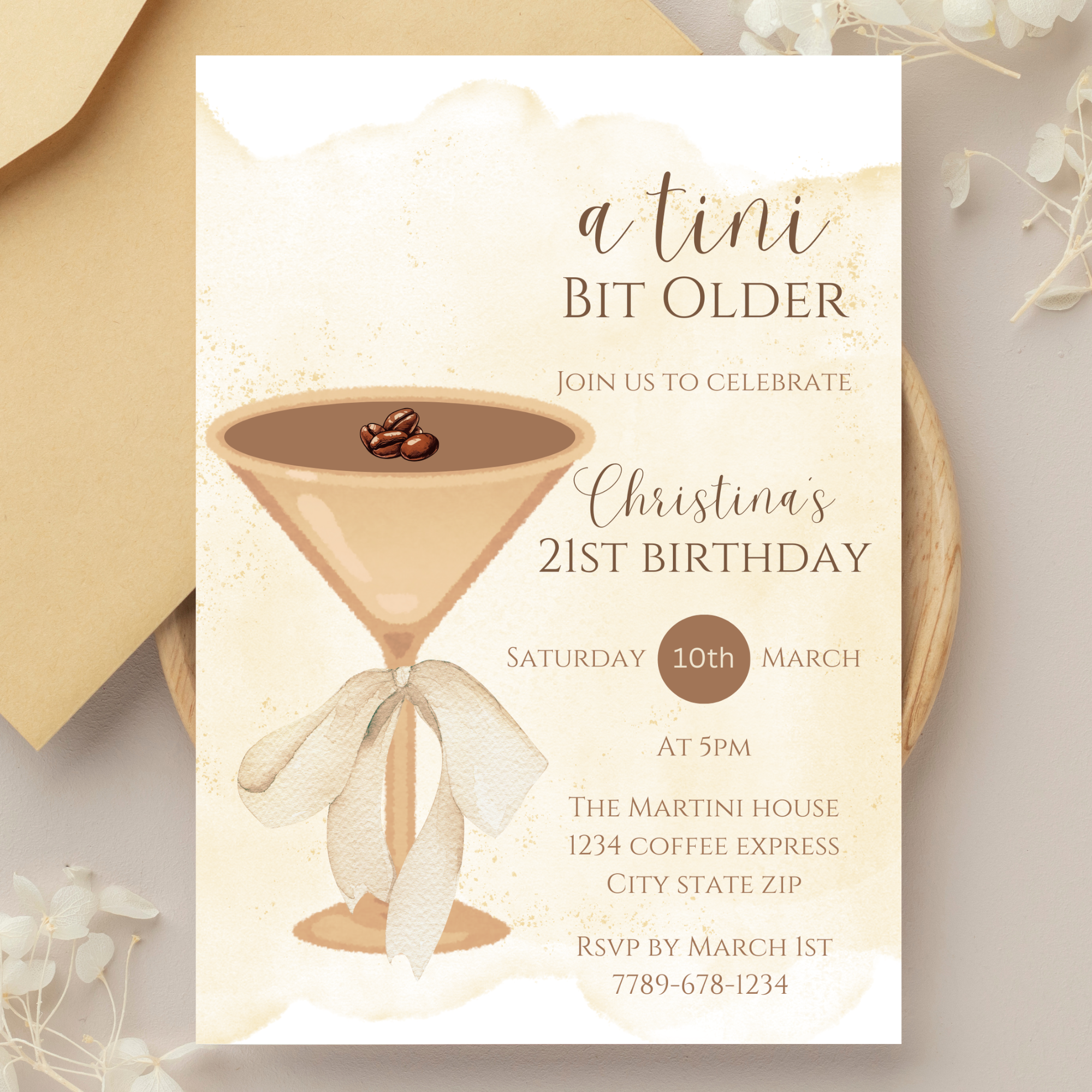 A Tini Bit Older Invitation Template, Editable Canva Invitation, 21st Birthday Party, Espresso Coffee Martini